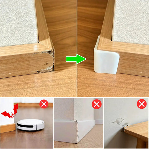Thickened White Self Adhesive Rubber Corner Protectors Set Of 4 Cushioned Guard Strips for baseboard wall protection shown on wood detail.