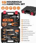 Comprehensive 19 Piece Household DIY Tool Set With Storage Case For Home Office And Dorm All In One Basic Hand Tools Kit For Everyday Repairs And Maintenance Durable High Quality Tools To Save You Time And Money, open case showing tools