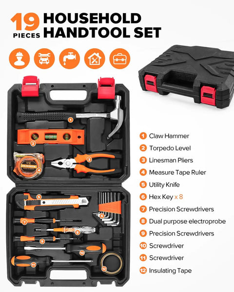 Comprehensive 19 Piece Household DIY Tool Set With Storage Case For Home Office And Dorm All In One Basic Hand Tools Kit For Everyday Repairs And Maintenance Durable High Quality Tools To Save You Time And Money, open case showing tools