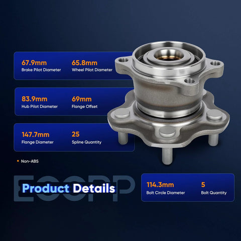 Front view of Rear Wheel Hub And Bearing Assembly 512373 For Nissan Rogue AWD 2008 Through 2020 And Nissan Juke AWD 2011 2017 Without ABS 5 Lug 2 Piece Set Left Right Hubs Fits 5 Lug Wheels, showing dimensions and non-ABS design.