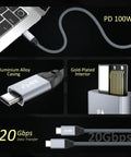 USB C To USB C Cable Long Range High Speed 8K30Hz 4K60Hz Display Cable With 20Gbps Data Transfer And 100W PD Fast Charging For Portable Monitors USB 3 Gen 2x2 Compatible With iPhone 17 MacBook iPad CarPlay And SSD, braided gray cable