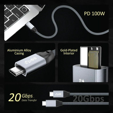 USB C To USB C Cable Long Range High Speed 8K30Hz 4K60Hz Display Cable With 20Gbps Data Transfer And 100W PD Fast Charging For Portable Monitors USB 3 Gen 2x2 Compatible With iPhone 17 MacBook iPad CarPlay And SSD, braided gray cable