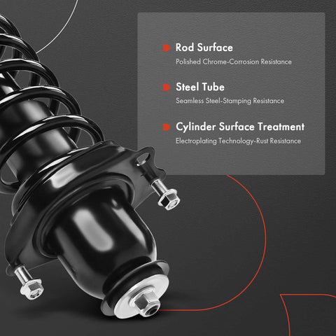 Close-up of rear complete strut assembly with coil springs for Toyota Corolla 2009-2013 featuring seamless steel tube and polished chrome rod surface