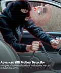 Masked intruder near car with Solar Powered Outdoor Security Camera Kit With 2 4GHz WiFi 360 Degree PTZ Spotlight And Siren