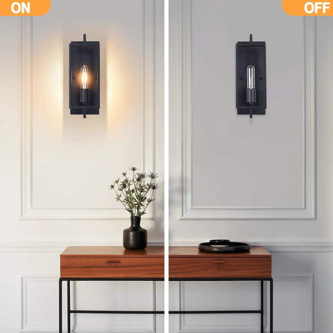 Industrial Wall Sconces Set of 2 in Matte Black Metal, vintage modern style, E26 base, hardwired, showing on and off lighting effect