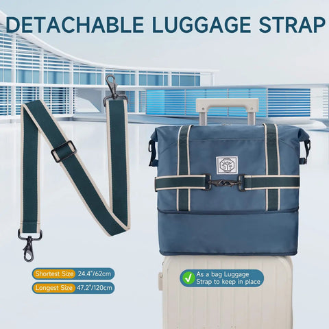 Travel Duffle Bag For Everyday Getaways Foldable Waterproof Weekender Carry On With Wet Compartment And Detachable Shoulder Strap shown on suitcase