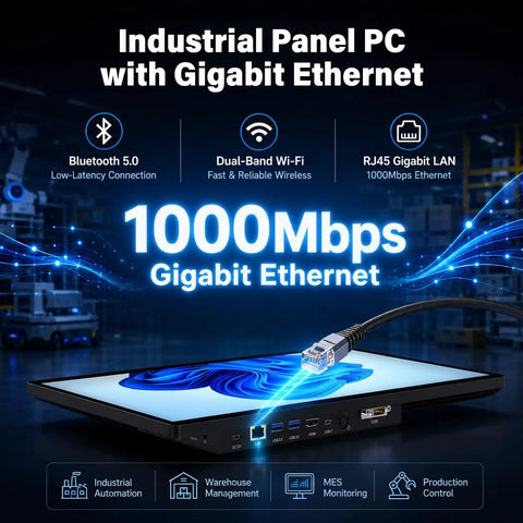 Sleek 15.6 Inch All In One Touchscreen Desktop PC with FHD Display and Win 11 Pro highlighting Gigabit Ethernet cable connection