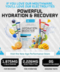 Hydration booster electrolyte drink mix with fruit, promoting recovery and hydration, in vivid packaging.