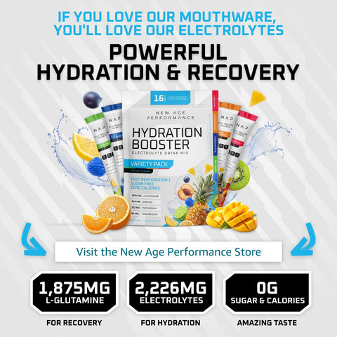 Hydration booster electrolyte drink mix with fruit, promoting recovery and hydration, in vivid packaging.