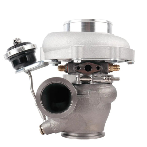 Dual V-Band Turbocharger Upgrade for Beefed-Up Street Boost, 0.92 A/R with Inconel turbine and ceramic bearings in side view