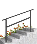 Built Like A Tank Black Galvanized Steel Handrails For Outdoor Steps And Porch Safety on concrete steps with flowers.