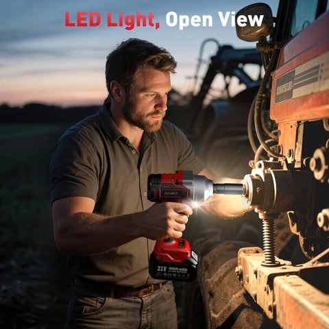 Man using Cordless Impact Wrench 650 Nm High Torque One Half Inch Drive With Two 4.0Ah Batteries on tractor
