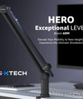 Adjustable 360 Degree Microphone Boom Arm With Stainless Steel Desk Mount in black, shown on desk, side view, i-XTECH logo