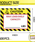 TopShelf Heavy Duty Pallet Rack Capacity Labels 100 Pack Featuring Durable 3X4 Inch Max Load Warning Stickers for warehouse rack safety.
