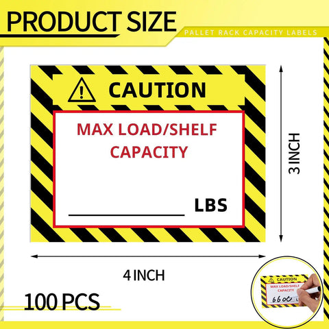 TopShelf Heavy Duty Pallet Rack Capacity Labels 100 Pack Featuring Durable 3X4 Inch Max Load Warning Stickers for warehouse rack safety.