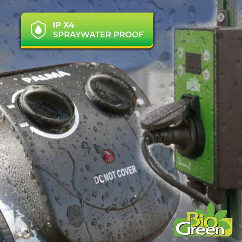 Close-up of Palma Electric Greenhouse Heater And Fan with Digital Thermostat, showing controls and spraywater proof design.