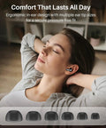 Woman relaxing on couch wearing Hybrid Active Noise Cancelling Wireless Earbuds With Six Microphones For Crystal Clear Calls 68h