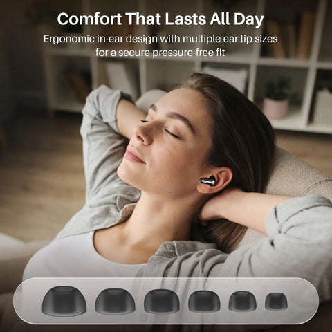 Woman relaxing on couch wearing Hybrid Active Noise Cancelling Wireless Earbuds With Six Microphones For Crystal Clear Calls 68h