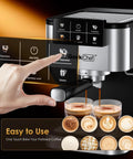 Quick Draw Espresso Machine With On Deck Milk Frother, 20 Bar Pump For Rich Pulls, touch screen and brewing coffee.