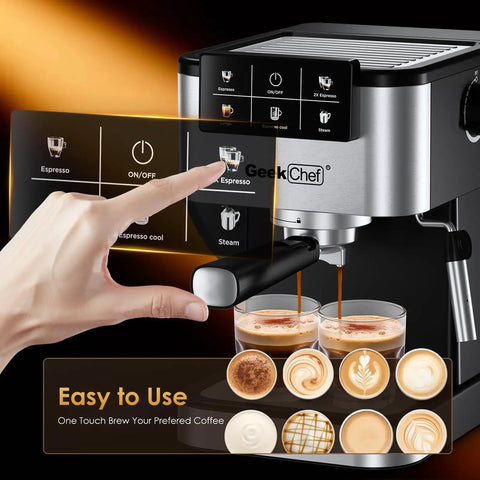 Quick Draw Espresso Machine With On Deck Milk Frother, 20 Bar Pump For Rich Pulls, touch screen and brewing coffee.