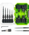 Heavy Duty Countersink Drill Bit Set For Woodworking Packs Adjustable Depth Tapered Bits with carrying case and accessories.