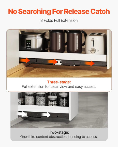 Three-stage Tough As Nails Undermount Drawer Slides Full Extension Ball Bearing System Designed For Zero Friction Cabinet Travel.