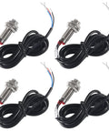 Four Pack 10mm Hall Effect Proximity Sensor NJK 5002C NPN Normally Open Three Wire Switch With Magnet DC Five To Thirty Volts Detects Metal Objects 150mA Load 12mm Thread 32mm Thread Length, four sensors with wires