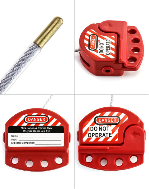 Red lockout tagout cable lock eight pack adjustable steel vinyl coated cable lockout three sixteenth inch diameter close-up