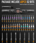 Magnetic 42 In 1 T Handle Ratchet Screwdriver Set With S2 Steel Bits showing 40 diverse S2 bits for various repairs.