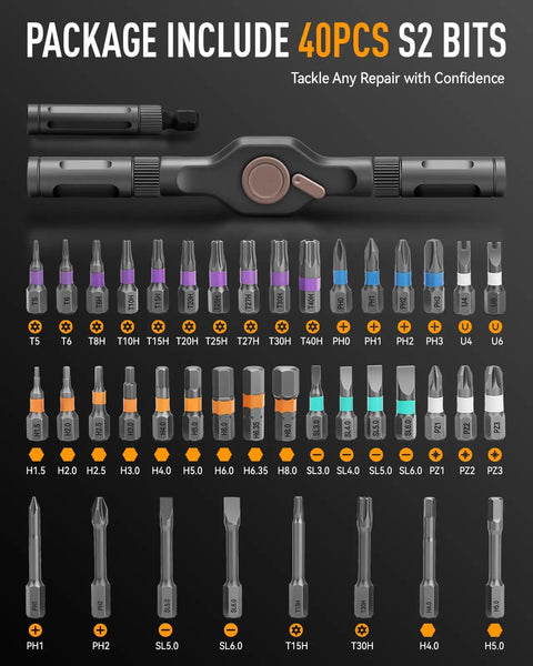 Magnetic 42 In 1 T Handle Ratchet Screwdriver Set With S2 Steel Bits showing 40 diverse S2 bits for various repairs.