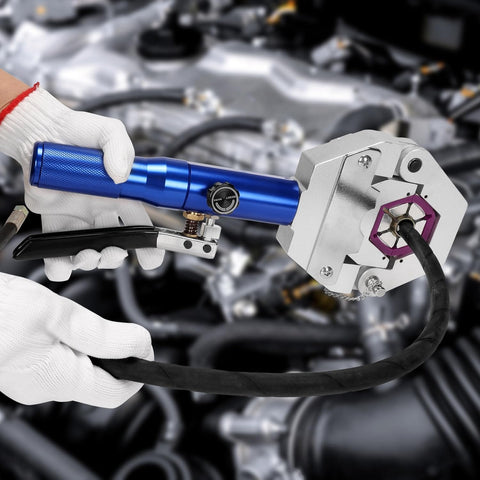 Close-up of Hydraulic Hose Crimper For Auto AC Handheld Crimp Tool With Snap On 7 Die Set Hydra Krimp in use on engine