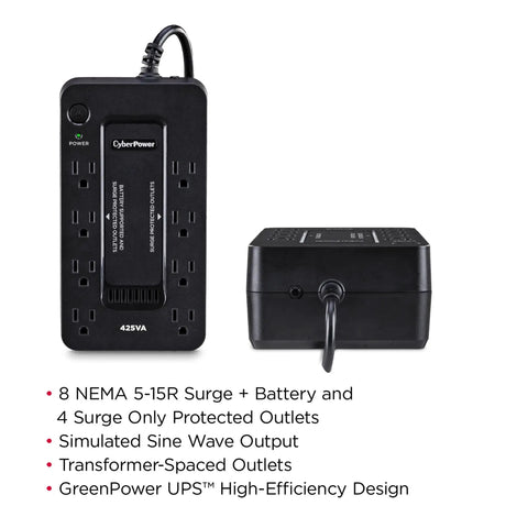 Standby UPS Battery Backup And Surge Protector For Home Office And Gaming Setup, 425VA 260W, 8 Outlets, Compact Design, Simulated Sine Wave, UL Certified, Keeps Your PC Rig, Console, And Router Safe
