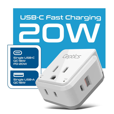 Worldwide Travel Power Adapter Set With 20W Power Delivery And Quick Charge, Dual USB Ports And USB C, 2 USA Outlets, Compact And Safe