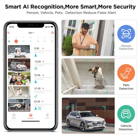 Wireless Outdoor Battery Powered Wifi Security Camera Delivers 1080p Full Hd Video With Spotlight Color Night Vision Siren Alarm Two Way Audio Waterproof Build Smart Ai Motion Detection To Keep Your House Safe screen showing AI detection for person, pet, and vehicle