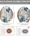 Toilet Seat Wooden Resin for Bathroom with floral design, measuring 14.4x12.4 inches, showing size compatibility guide.