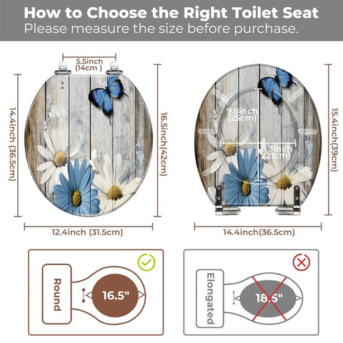 Toilet Seat Wooden Resin for Bathroom with floral design, measuring 14.4x12.4 inches, showing size compatibility guide.
