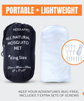 Ultra Large Mosquito Net With Carry Bag And Two Openings Netting Curtains For Camping And Patio Bug Free Protection With Pouch And Hanging Kit shown in packaging with accessories.