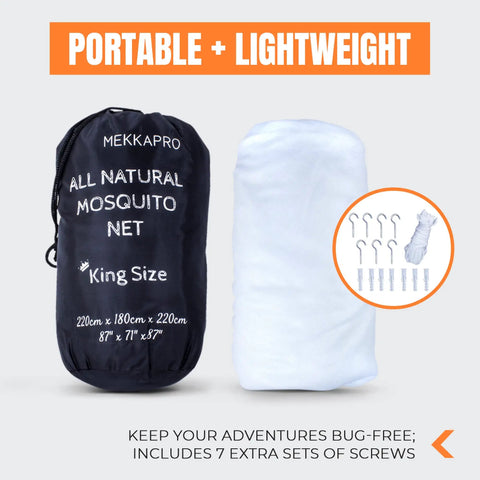 Ultra Large Mosquito Net With Carry Bag And Two Openings Netting Curtains For Camping And Patio Bug Free Protection With Pouch And Hanging Kit shown in packaging with accessories.