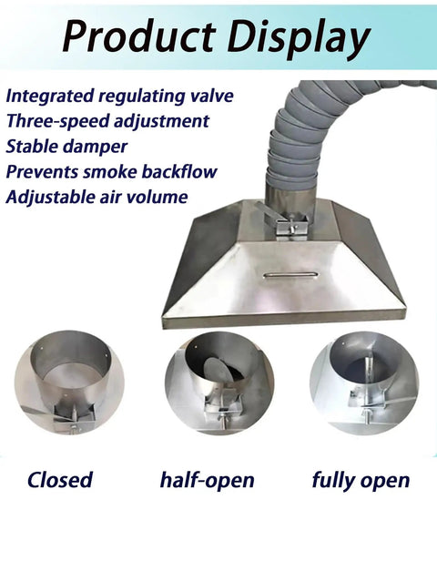 Heavy Duty 360 Rotatable Fume Extractor Hose With Stainless Steel Articulated Hood And Adjustable Flow Valve For Workshop Smoke Dust Cleanup Shop Built Design crafted to show regulating valve and dampers.