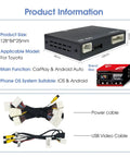Toyota Wireless CarPlay Retrofit Kit for 2014-2019 Tacoma Highlander RAV4 Corolla Camry Sienna Avalon Prius And More Plug And Play Android Auto Decoder Upgrade Box for Entune 2.0 Touch 2 Systems product information with cables and dimensions shown.