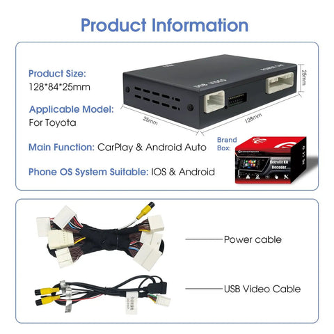 Toyota Wireless CarPlay Retrofit Kit for 2014-2019 Tacoma Highlander RAV4 Corolla Camry Sienna Avalon Prius And More Plug And Play Android Auto Decoder Upgrade Box for Entune 2.0 Touch 2 Systems product information with cables and dimensions shown.