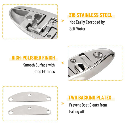 Six Inch Boat Folding Cleats Set 316 Stainless Steel Dock Cleats With Backing Plates And Screws showing details and features
