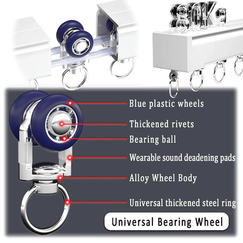 Detailed view of heavy duty double curtain rail with thick aluminum alloy track, featuring universal bearing wheel components.