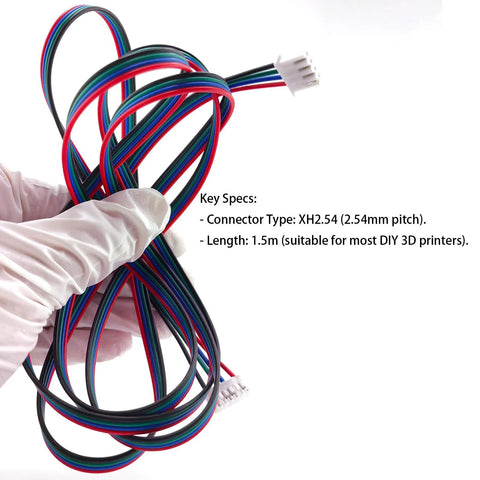Close-up of three 1.5m stepper motor cables with XH2.54 4-to-6 pin connectors, multicolor wires for Nema 17 printers.