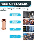 Top Tier 50 Pack 1 Inch Press Fit Copper Extended Couplings With No Stop Heavy Duty Fittings displayed with plumbing applications.