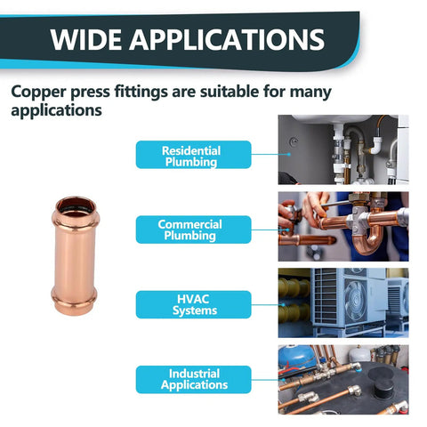 Top Tier 50 Pack 1 Inch Press Fit Copper Extended Couplings With No Stop Heavy Duty Fittings displayed with plumbing applications.