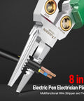 Close-up of the Do It All Electrician Wire Stripper With Built In Power Meter For Cutting Crimping Scraping And Pressing Wires Eight In One Tool.