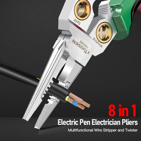 Close-up of the Do It All Electrician Wire Stripper With Built In Power Meter For Cutting Crimping Scraping And Pressing Wires Eight In One Tool.