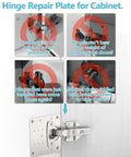 Image showing Hinge Repair Plate for Cabinet with illustrations of common issues and quiet hydraulic hinge installation.