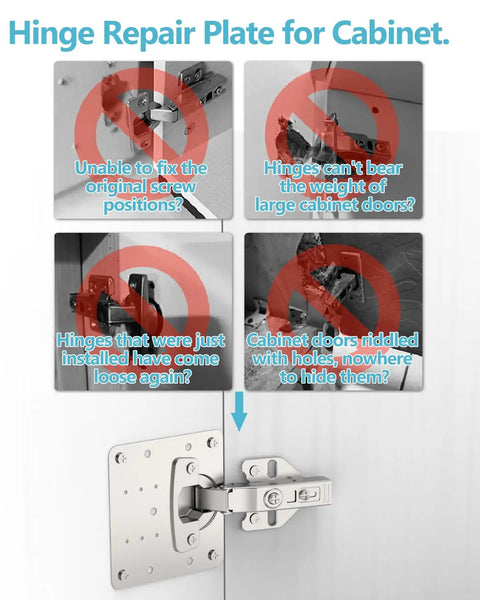 Image showing Hinge Repair Plate for Cabinet with illustrations of common issues and quiet hydraulic hinge installation.